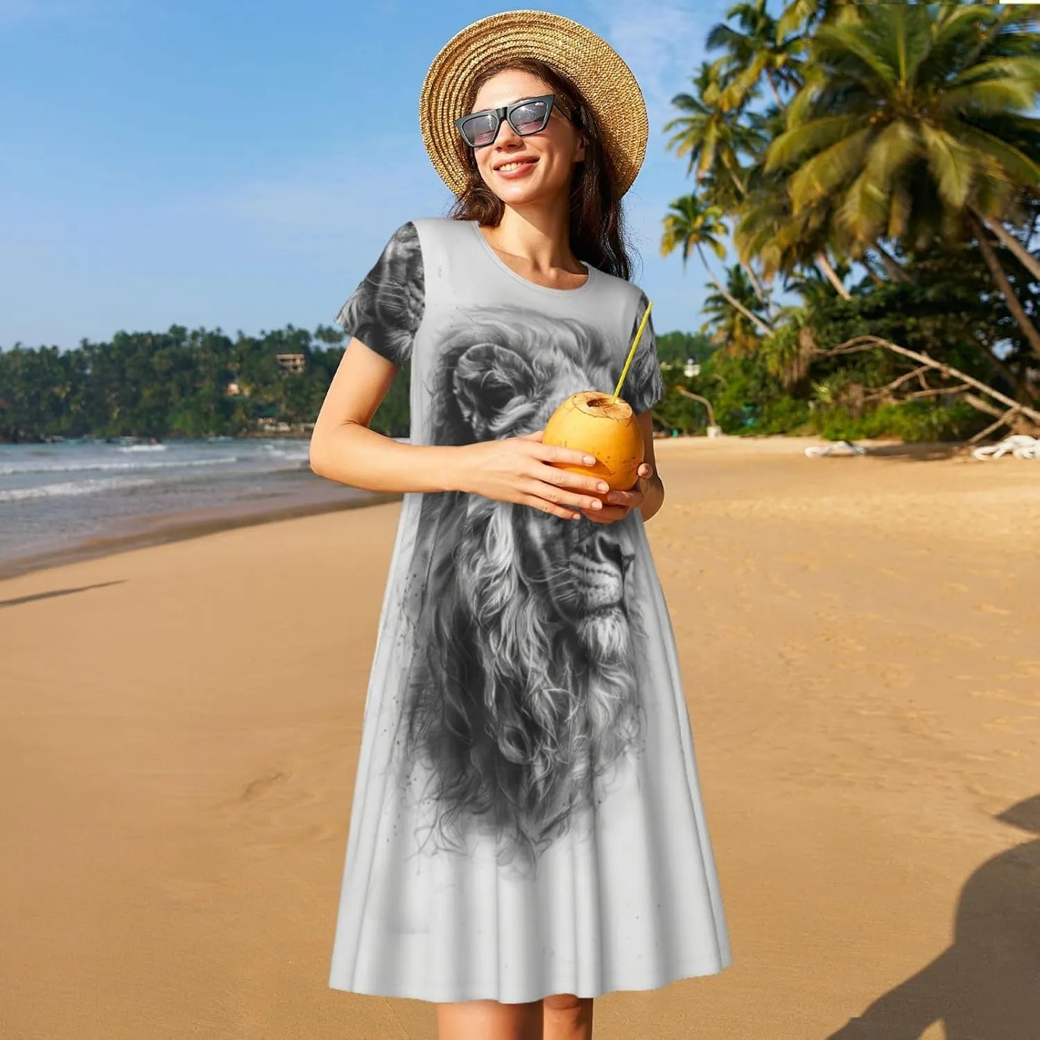 Women's Short Sleeve Round Neck marbling Print A-Line Summer Casual Dress with Pockets,