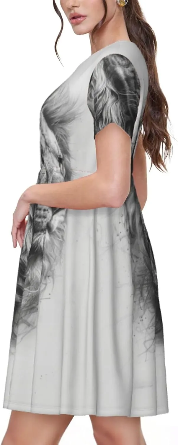 Women's Short Sleeve Round Neck marbling Print A-Line Summer Casual Dress with Pockets,