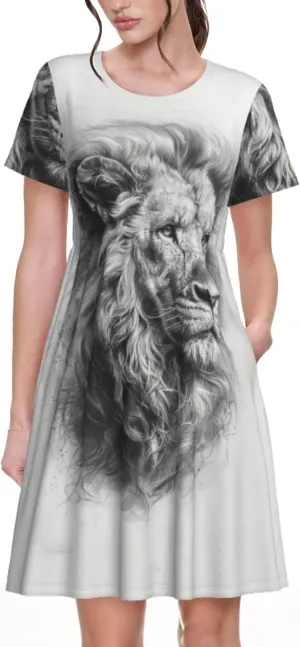 Women's Short Sleeve Round Neck marbling Print A-Line Summer Casual Dress with Pockets,