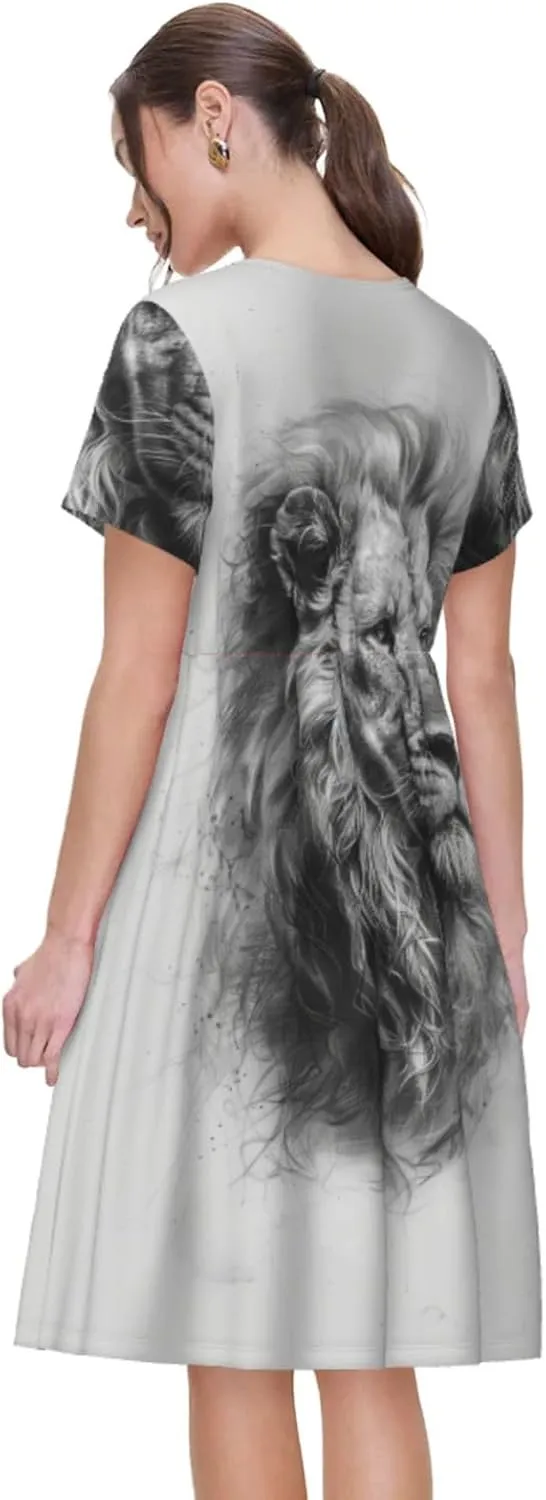 Women's Short Sleeve Round Neck marbling Print A-Line Summer Casual Dress with Pockets,