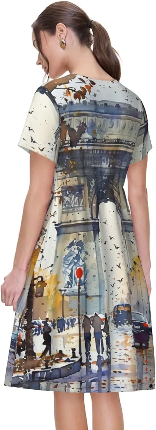 Women's Short Sleeve Round Neck Two Cute red Birds Print A-Line Summer Casual Dress with Pockets,