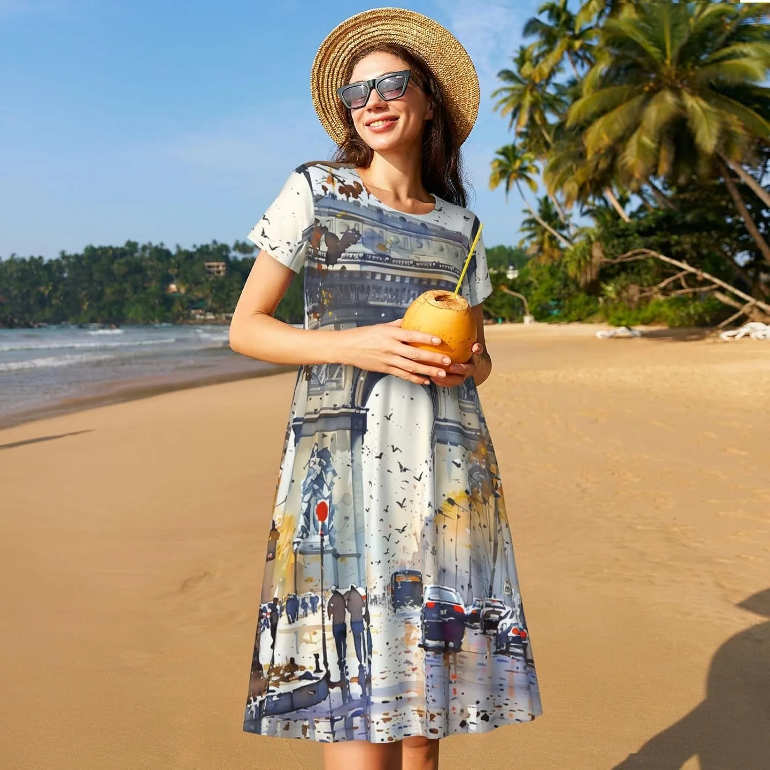Women's Short Sleeve Round Neck Two Cute red Birds Print A-Line Summer Casual Dress with Pockets,