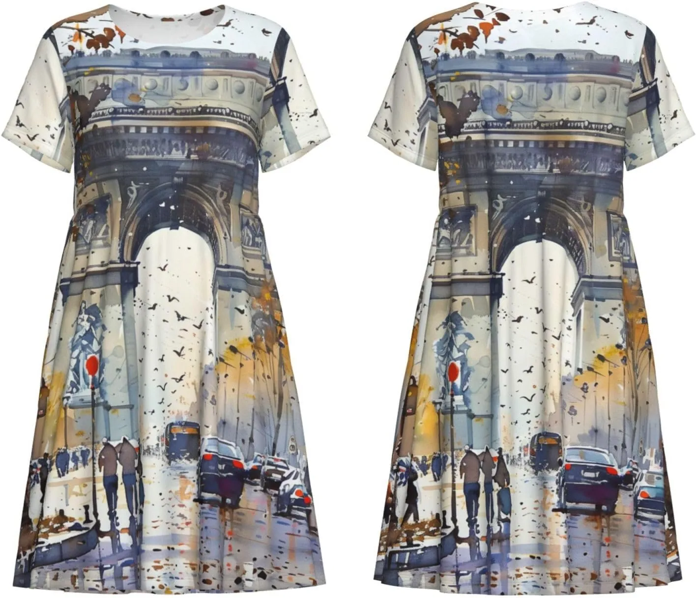 Women's Short Sleeve Round Neck Two Cute red Birds Print A-Line Summer Casual Dress with Pockets,