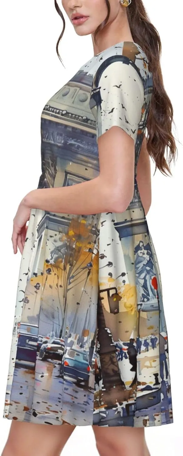 Women's Short Sleeve Round Neck Two Cute red Birds Print A-Line Summer Casual Dress with Pockets,