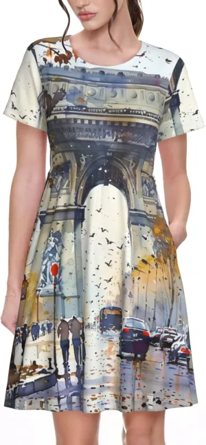 Women's Short Sleeve Round Neck Two Cute red Birds Print A-Line Summer Casual Dress with Pockets,