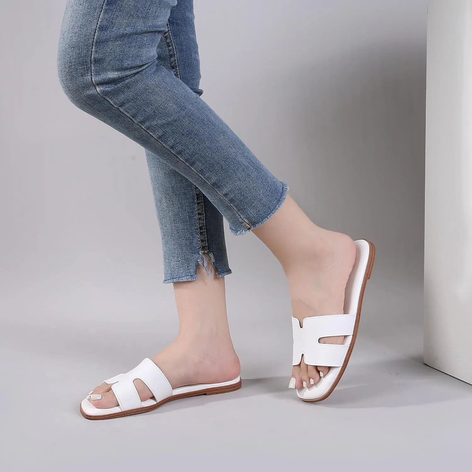 Women's Slide Sandals Comfortable Flat Slip On Leather Sandals