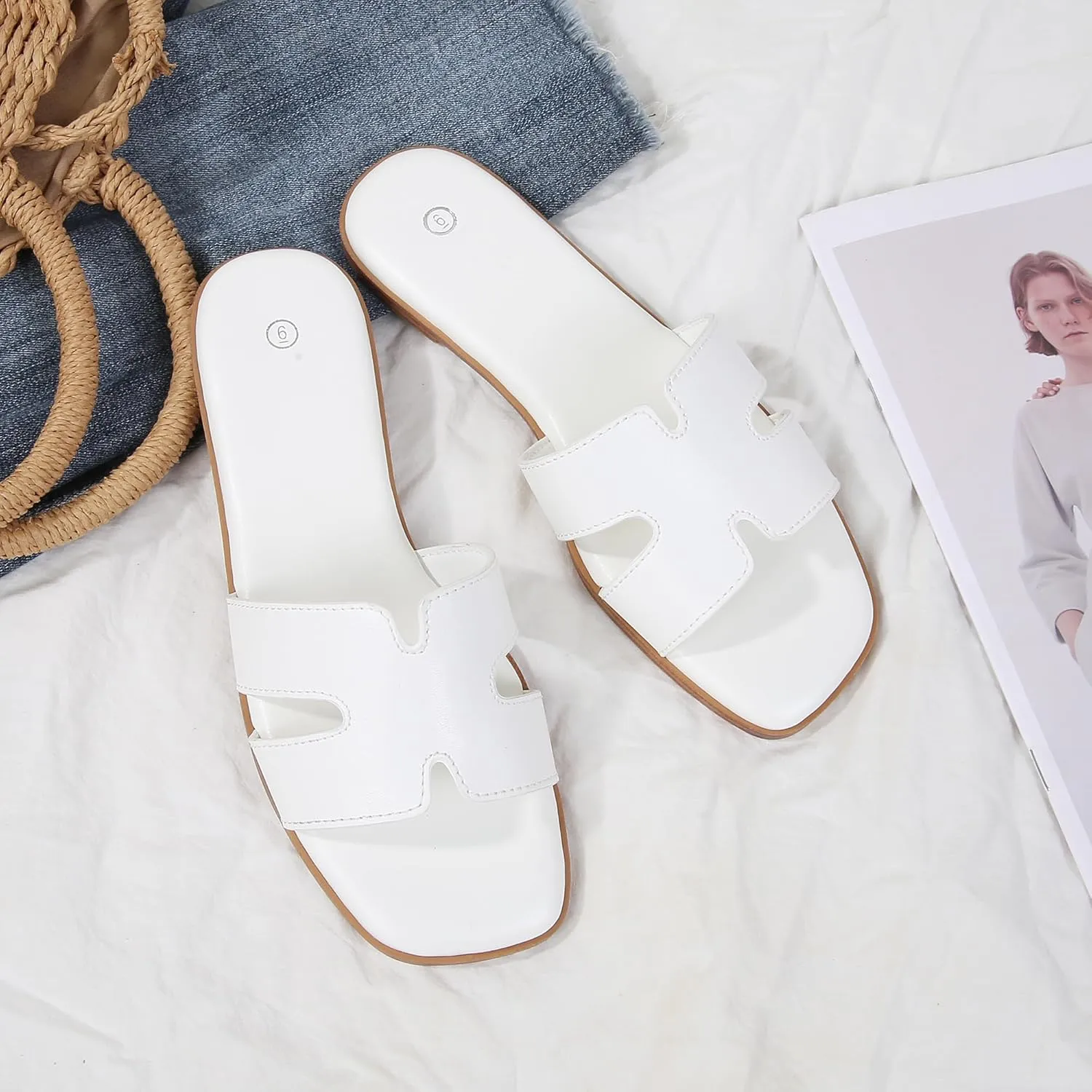 Women's Slide Sandals Comfortable Flat Slip On Leather Sandals
