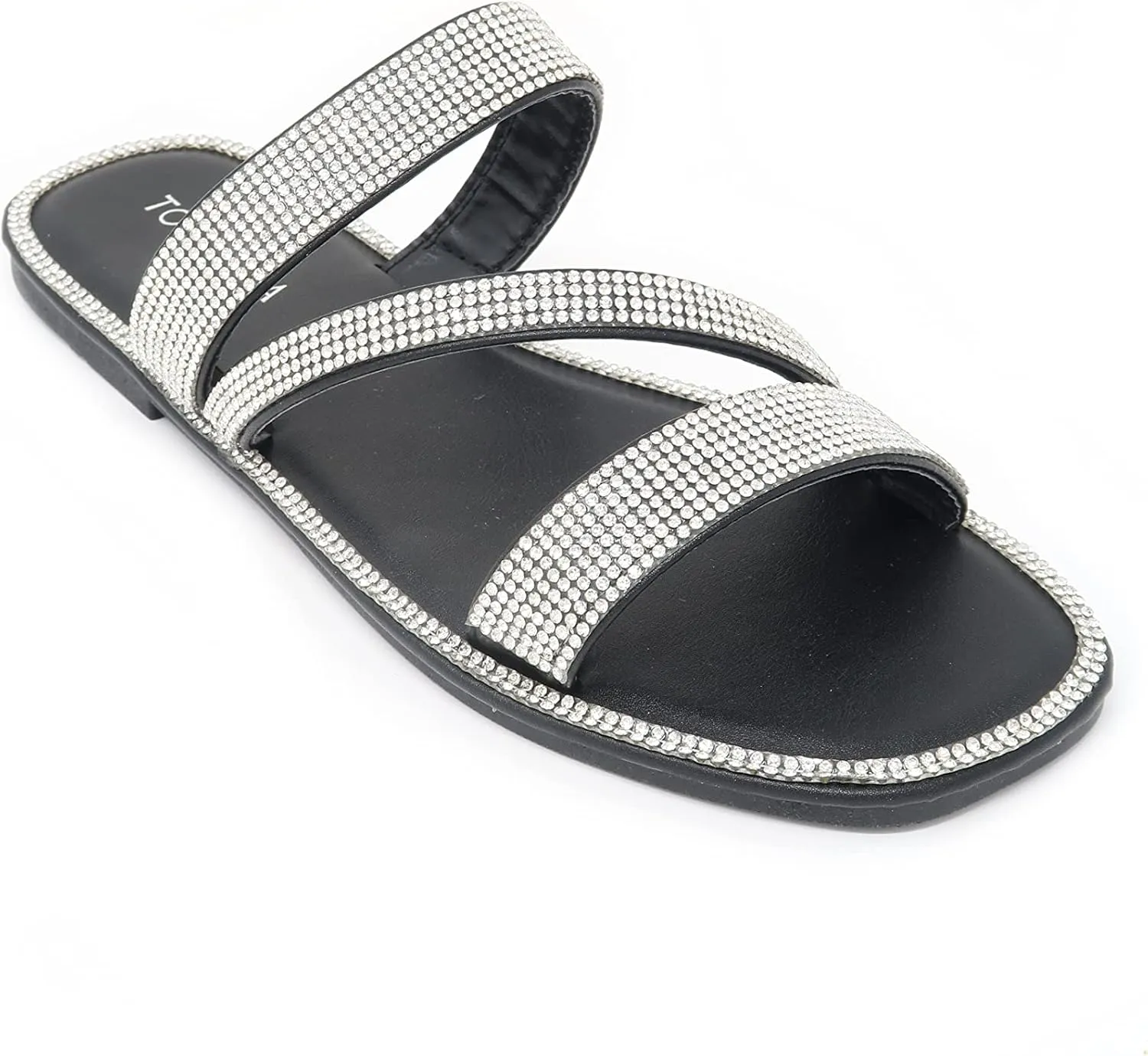 Women's Slip on Flat Sandals Casual Bling Rhinestone Strap Sandals Open Toe Slide Sandals
