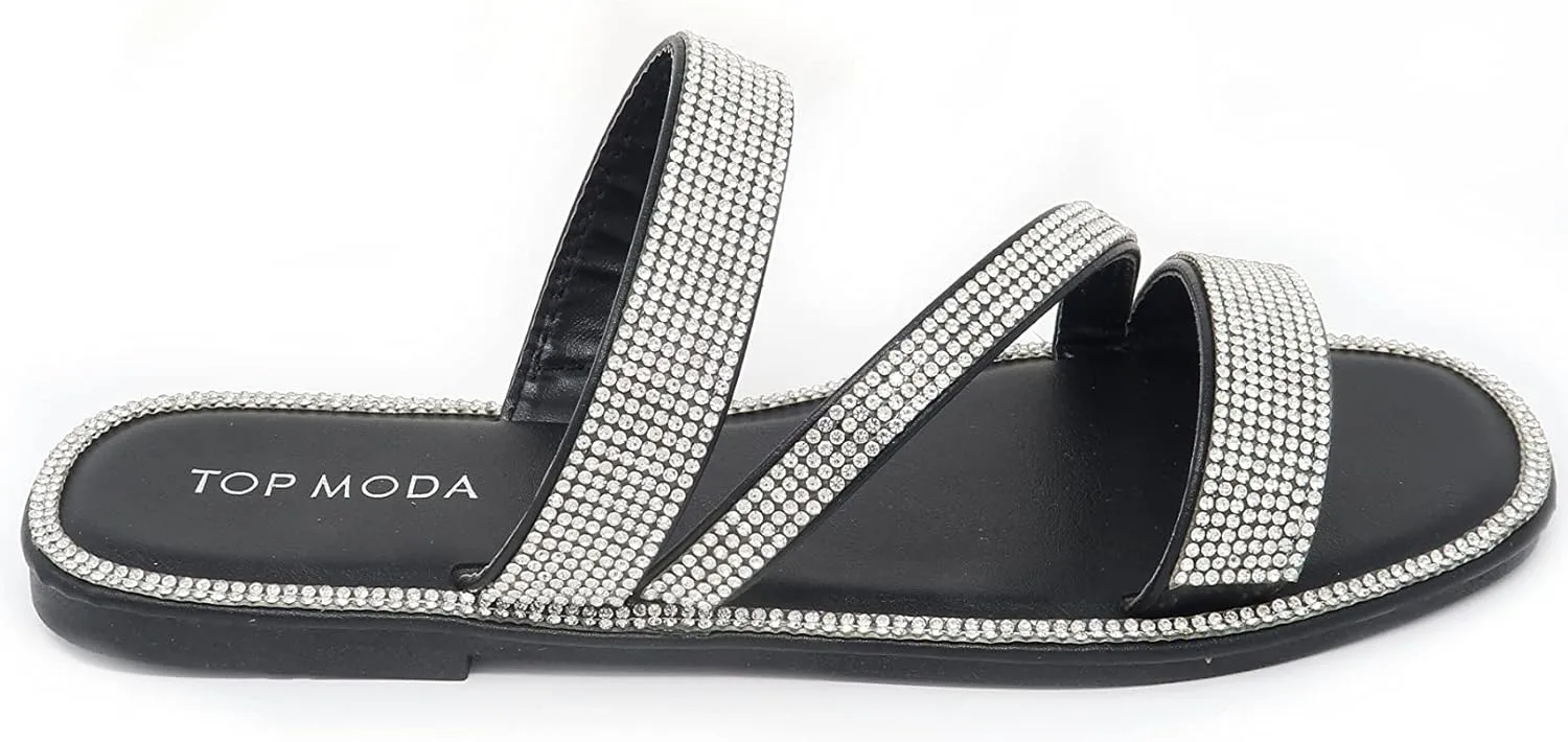 Women's Slip on Flat Sandals Casual Bling Rhinestone Strap Sandals Open Toe Slide Sandals