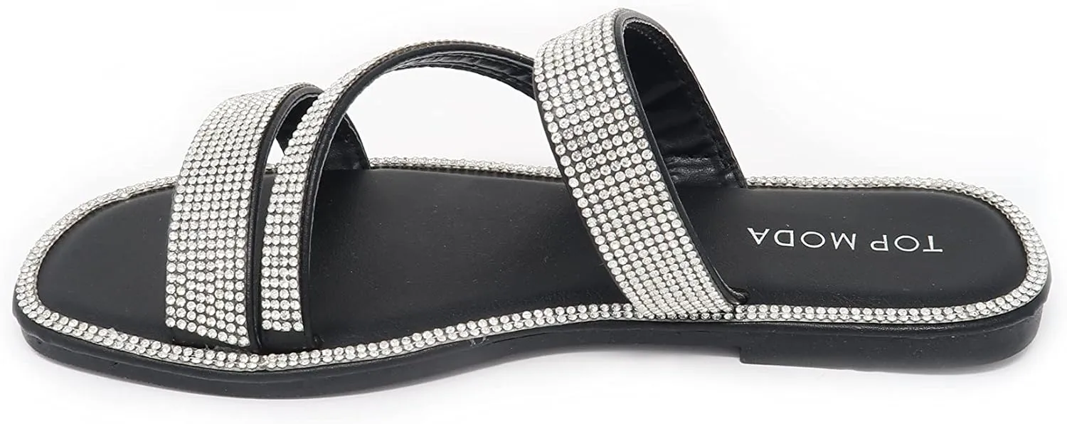 Women's Slip on Flat Sandals Casual Bling Rhinestone Strap Sandals Open Toe Slide Sandals
