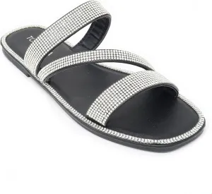 Women's Slip on Flat Sandals Casual Bling Rhinestone Strap Sandals Open Toe Slide Sandals