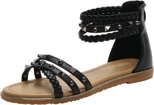 Womens Summer Rhinestone Embellished Flat Braided Shoes Studding Gladiator Sandals with Zipper Closure