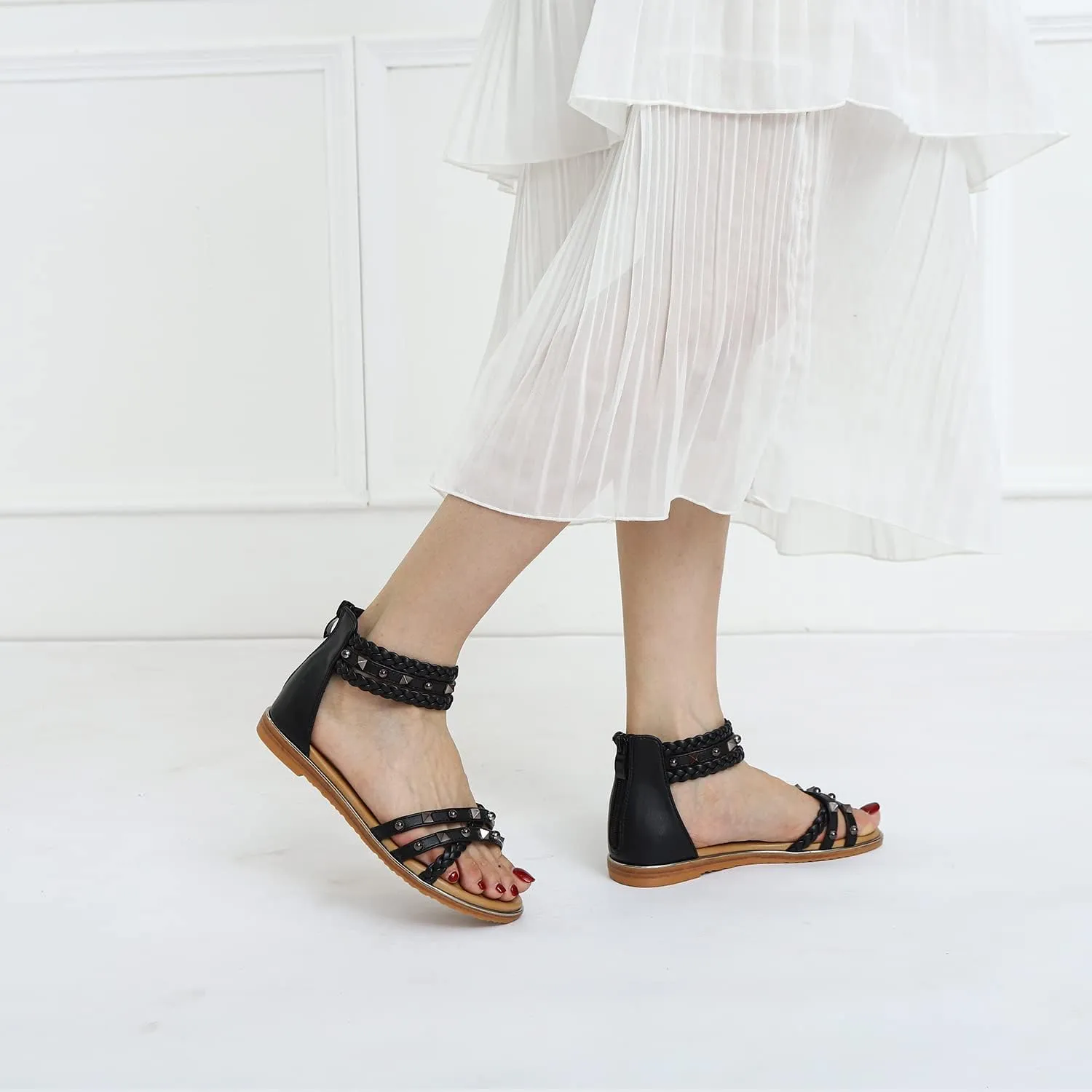 Womens Summer Rhinestone Embellished Flat Braided Shoes Studding Gladiator Sandals with Zipper Closure