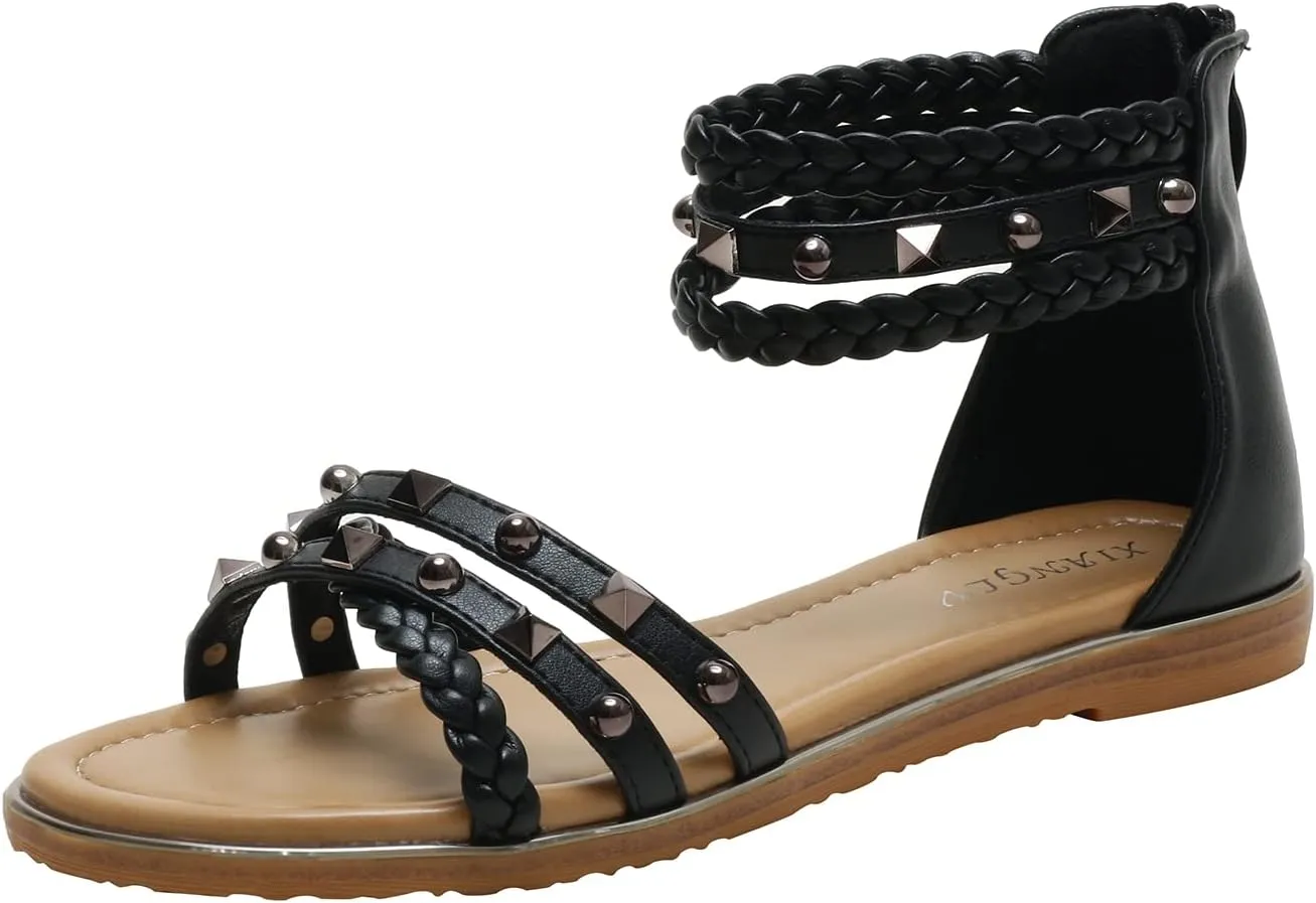 Womens Summer Rhinestone Embellished Flat Braided Shoes Studding Gladiator Sandals with Zipper Closure