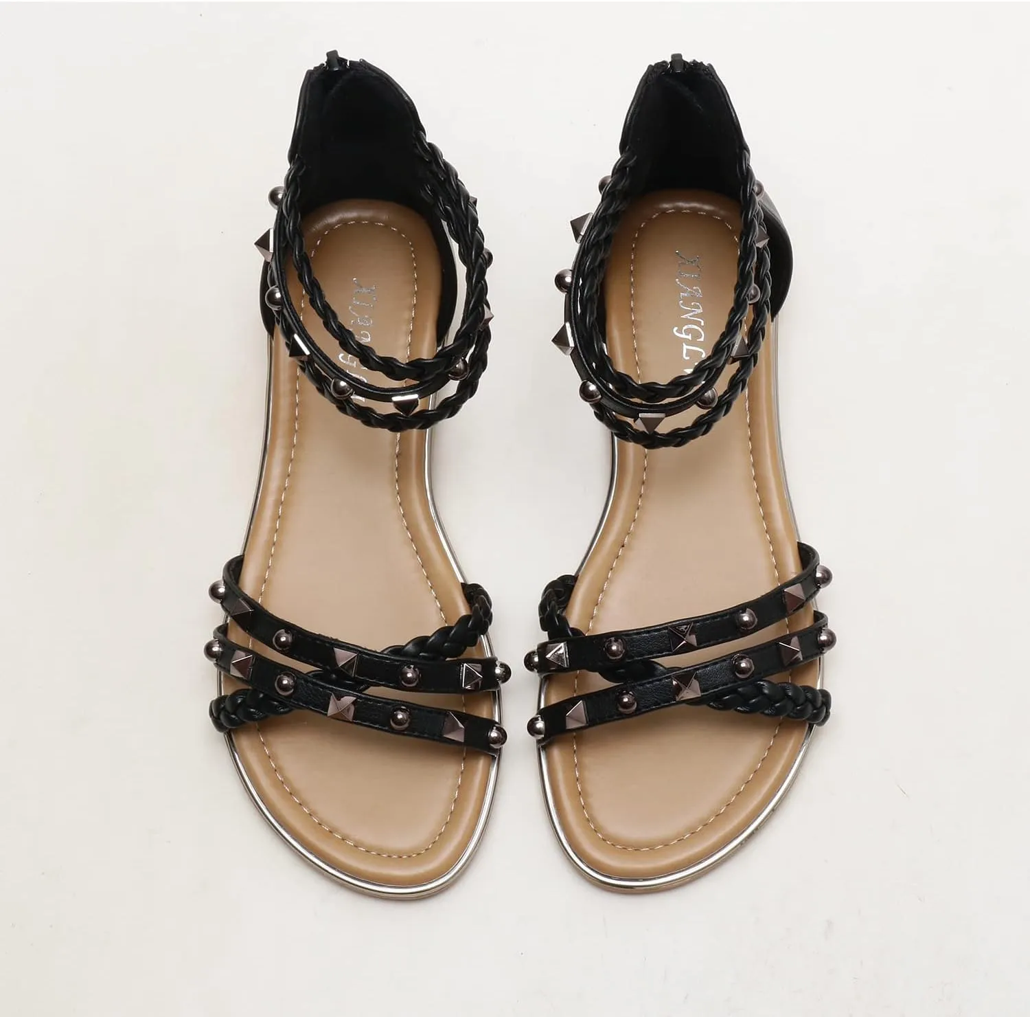 Womens Summer Rhinestone Embellished Flat Braided Shoes Studding Gladiator Sandals with Zipper Closure