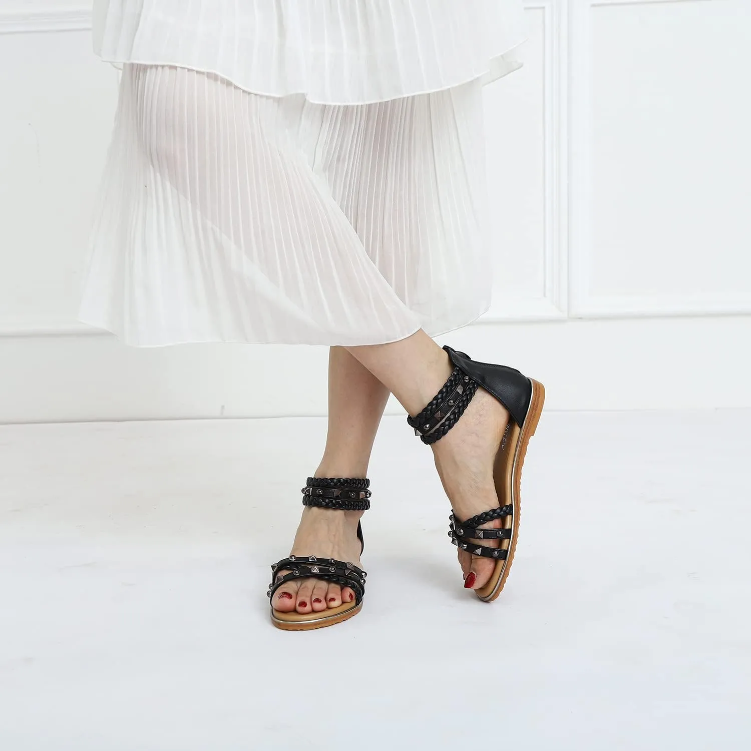 Womens Summer Rhinestone Embellished Flat Braided Shoes Studding Gladiator Sandals with Zipper Closure