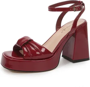 Women's Wedge Sandals Padded Bows Chunky Heel Wide Plaform Round Toe Shape Patent Leather Sexy Dress Shoes