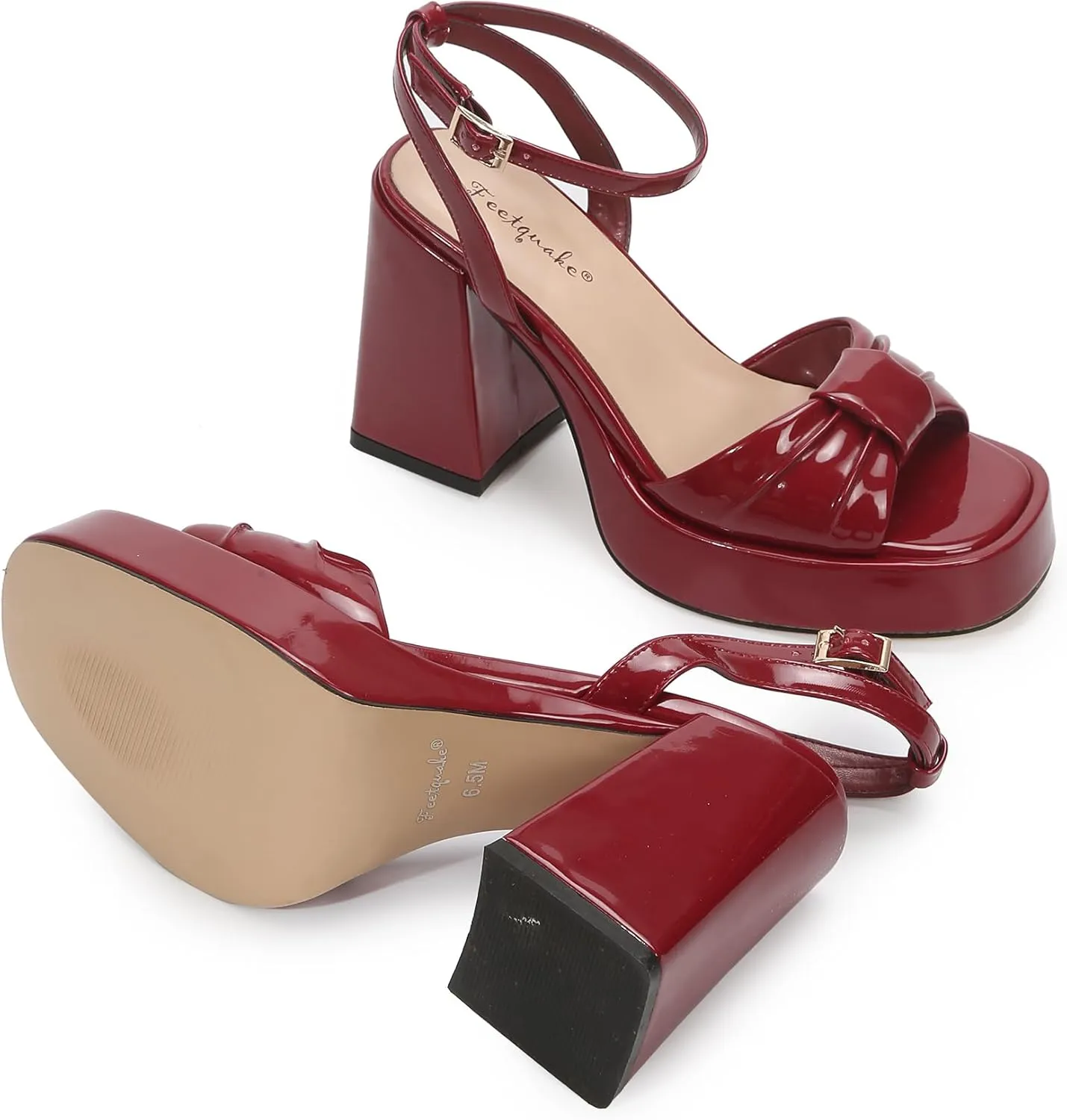 Women's Wedge Sandals Padded Bows Chunky Heel Wide Plaform Round Toe Shape Patent Leather Sexy Dress Shoes