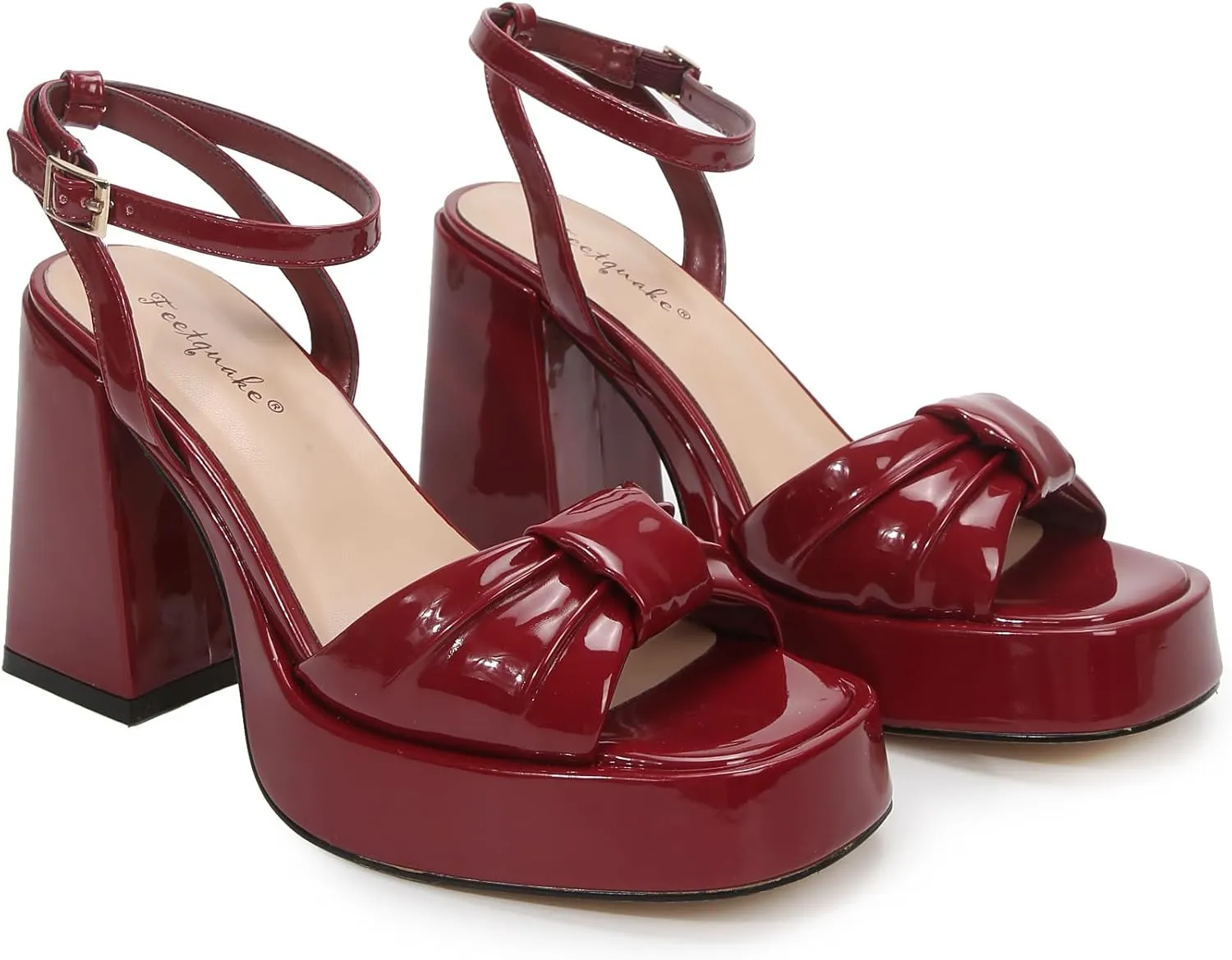 Women's Wedge Sandals Padded Bows Chunky Heel Wide Plaform Round Toe Shape Patent Leather Sexy Dress Shoes
