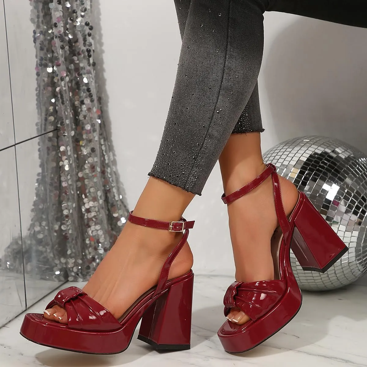 Women's Wedge Sandals Padded Bows Chunky Heel Wide Plaform Round Toe Shape Patent Leather Sexy Dress Shoes