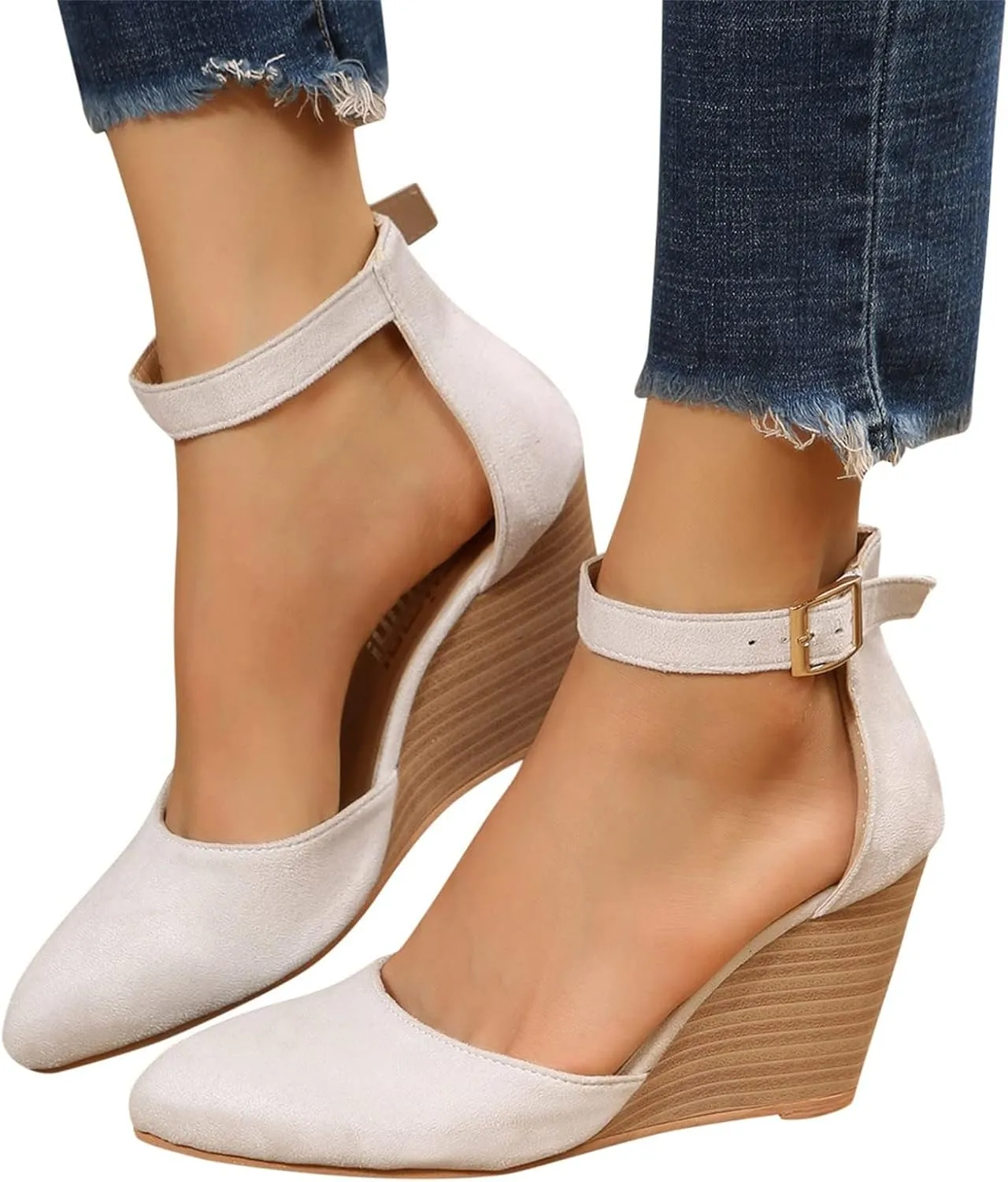 Womens Wedge Shoes Closed Toe Ankle Strap Buckle High Heels Pointed Toe Wedges Chunky Sandals Comfortable Office Wedding Dress Shoes