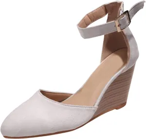 Womens Wedge Shoes Closed Toe Ankle Strap Buckle High Heels Pointed Toe Wedges Chunky Sandals Comfortable Office Wedding Dress Shoes