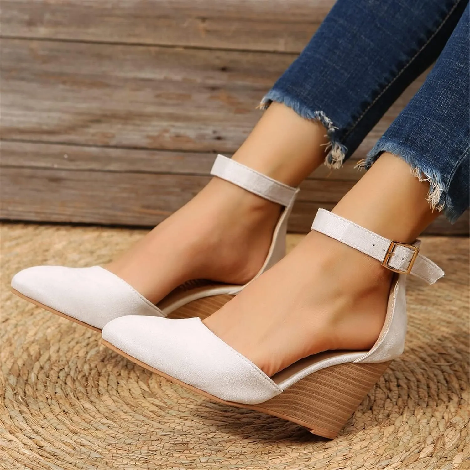 Womens Wedge Shoes Closed Toe Ankle Strap Buckle High Heels Pointed Toe Wedges Chunky Sandals Comfortable Office Wedding Dress Shoes