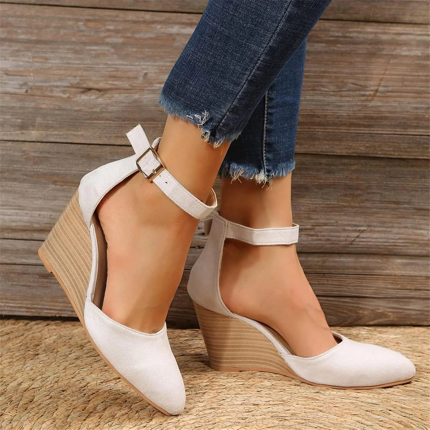 Womens Wedge Shoes Closed Toe Ankle Strap Buckle High Heels Pointed Toe Wedges Chunky Sandals Comfortable Office Wedding Dress Shoes