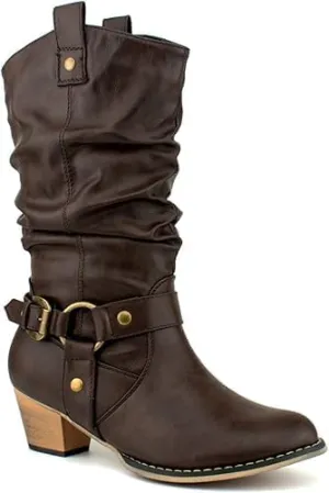 Women's Western Cowboy Pointed Toe Knee High Pull On Tabs Boots, TPS Wild-02 Brown Size 10