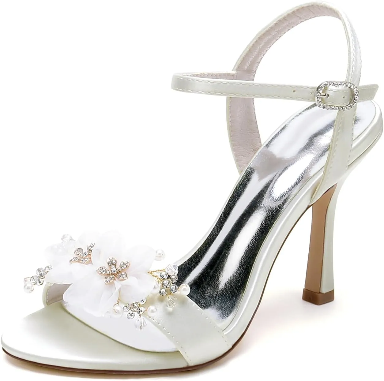 Women's White Wedding Shoes Satin High Heel Applique Pumps Heels Sandals with Ankle Strap