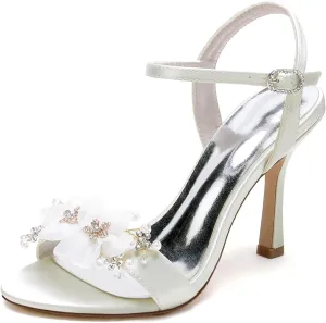 Women's White Wedding Shoes Satin High Heel Applique Pumps Heels Sandals with Ankle Strap