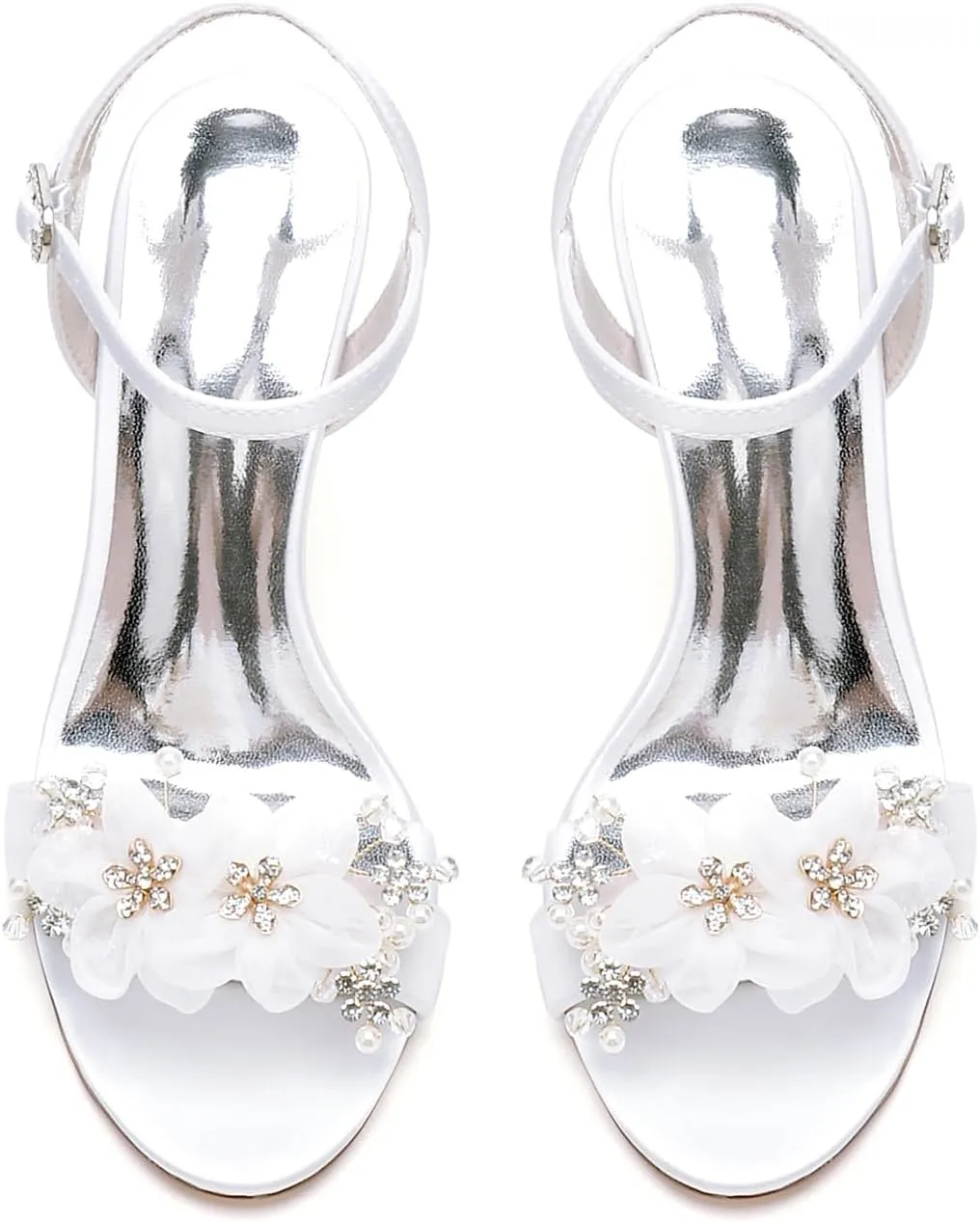 Women's White Wedding Shoes Satin High Heel Applique Pumps Heels Sandals with Ankle Strap