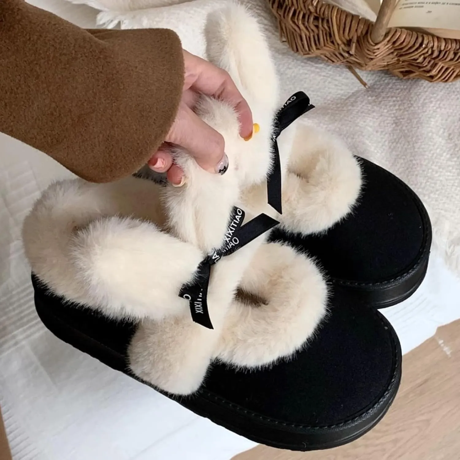 Women's Winter Plush Platform Snow Boots with Cute Fuzzy Rabbit Ears, Warm Faux Fur Slip-On Short Boots