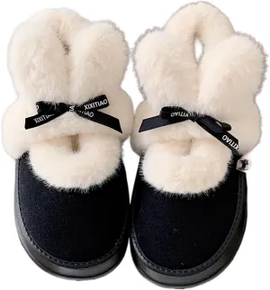 Women's Winter Plush Platform Snow Boots with Cute Fuzzy Rabbit Ears, Warm Faux Fur Slip-On Short Boots