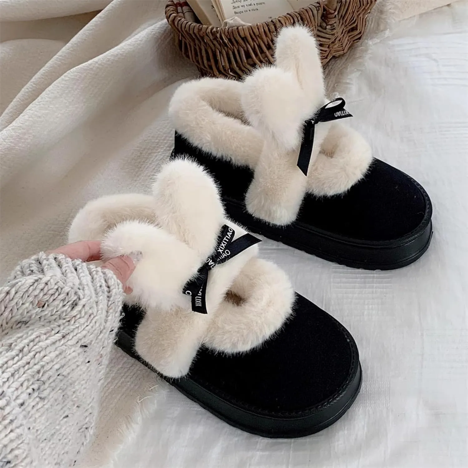 Women's Winter Plush Platform Snow Boots with Cute Fuzzy Rabbit Ears, Warm Faux Fur Slip-On Short Boots
