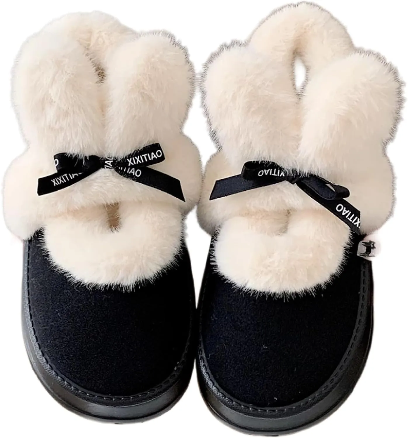 Women's Winter Plush Platform Snow Boots with Cute Fuzzy Rabbit Ears, Warm Faux Fur Slip-On Short Boots