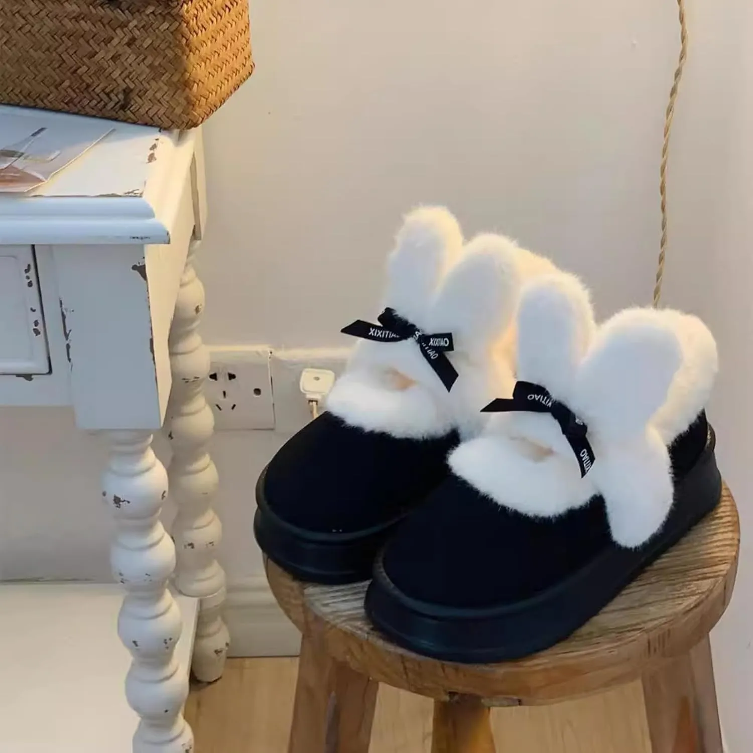 Women's Winter Plush Platform Snow Boots with Cute Fuzzy Rabbit Ears, Warm Faux Fur Slip-On Short Boots