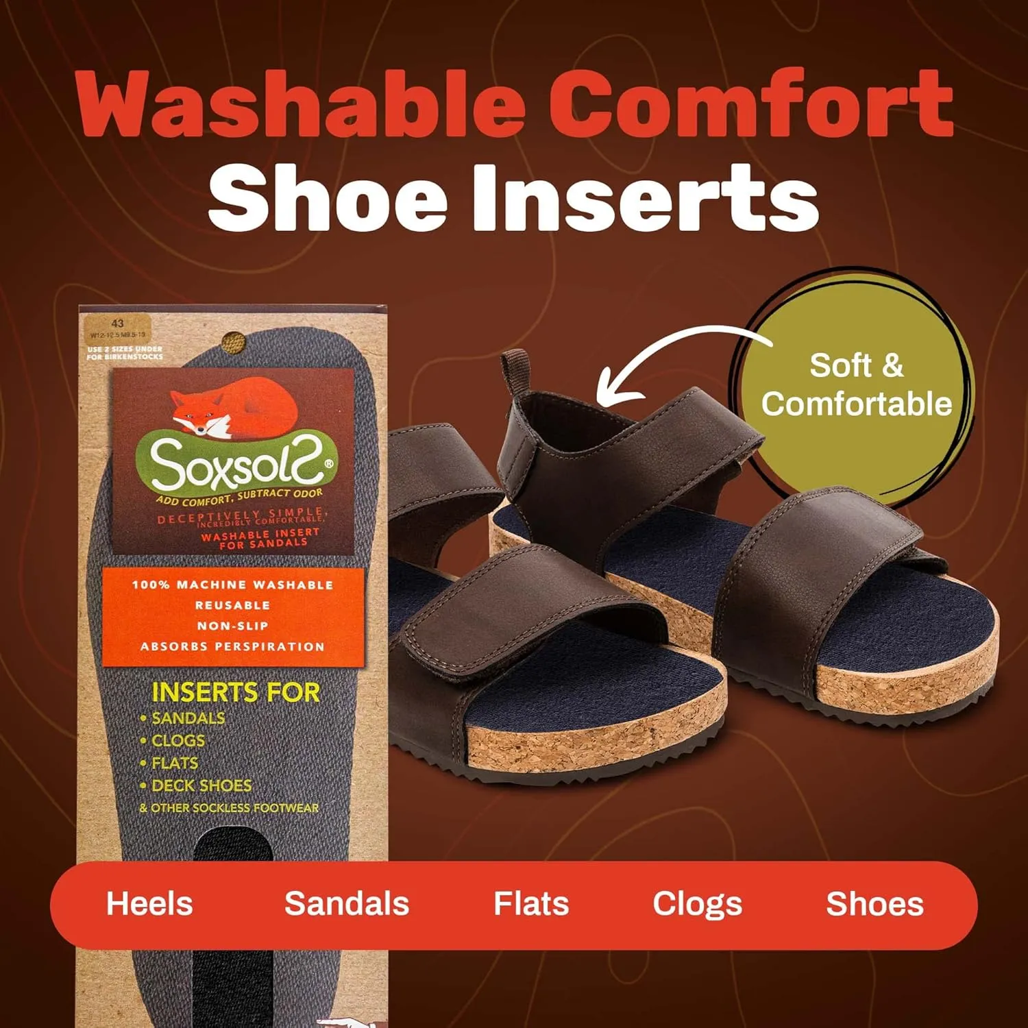Wool Flat Shoe Insert for Sandals & Sockless Shoes, Comfortable Shoe Insoles with Sweat-Absorbent Natural Fiber & Non-Slip Silicone Grip, Wide-Cut Foot Soles for Men & Women, Black, Size 46 - SoxsolS