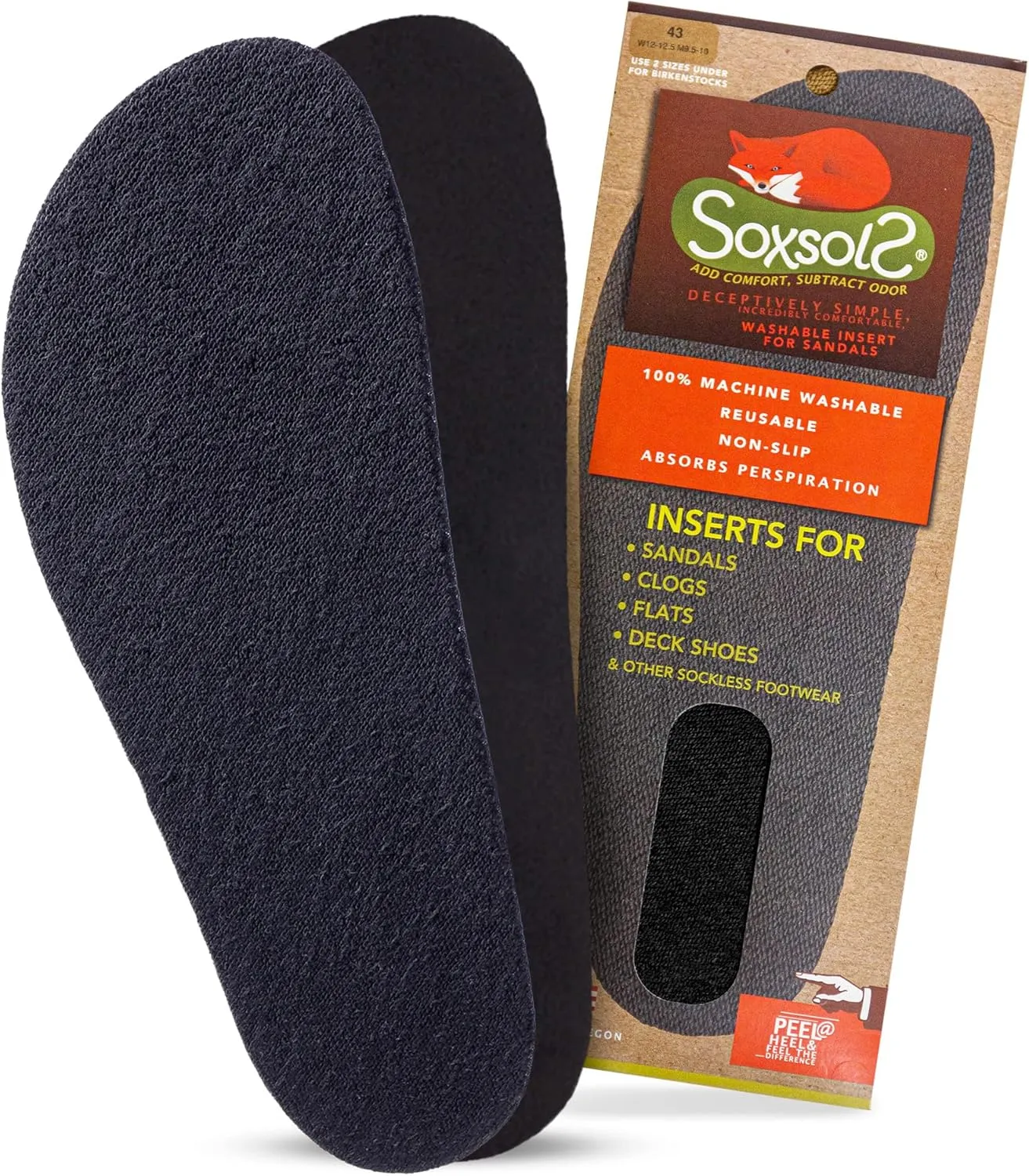 Wool Flat Shoe Insert for Sandals & Sockless Shoes, Comfortable Shoe Insoles with Sweat-Absorbent Natural Fiber & Non-Slip Silicone Grip, Wide-Cut Foot Soles for Men & Women, Black, Size 46 - SoxsolS