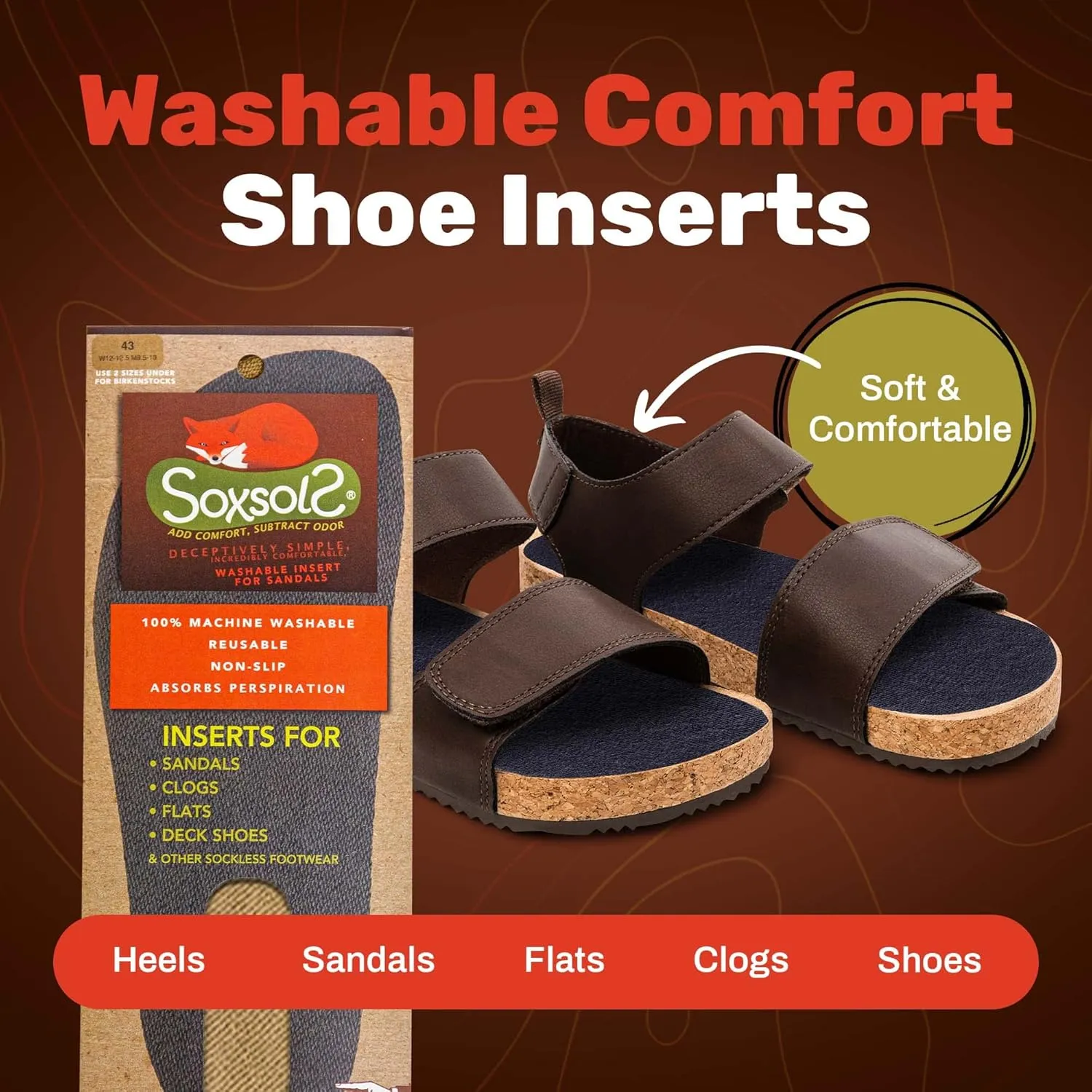 Wool Flat Shoe Insert for Sandals & Sockless Shoes, Comfortable Shoe Insoles with Sweat-Absorbent Natural Fiber & Non-Slip Silicone Grip, Wide-Cut Foot Soles for Men & Women, Brown, Size 46 - SoxsolS