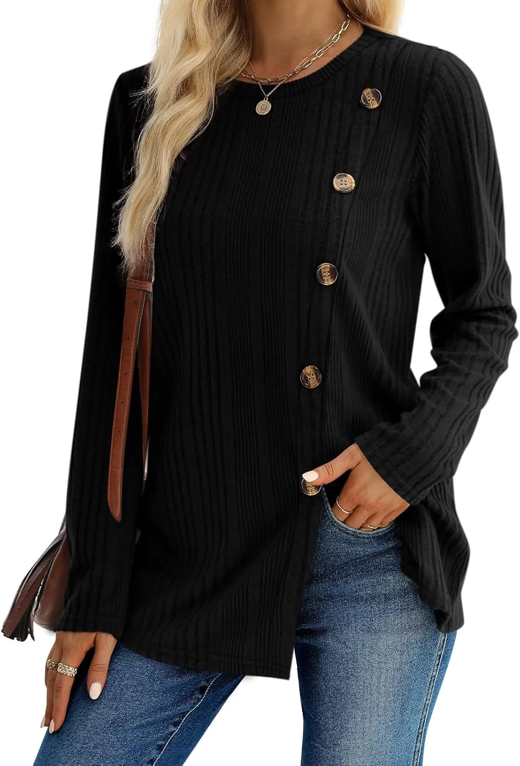 XIEERDUO Long Sleeve Tops for Women Tunics Buttons Front Slit
