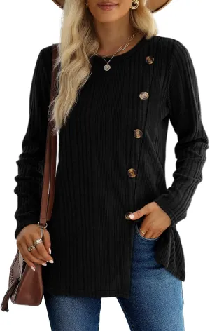 XIEERDUO Long Sleeve Tops for Women Tunics Buttons Front Slit