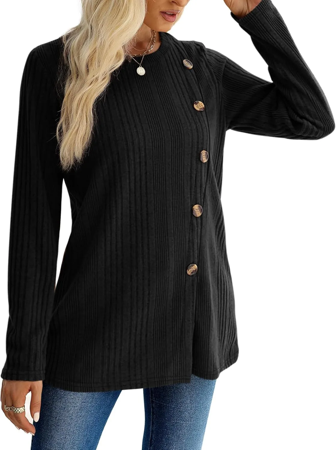 XIEERDUO Long Sleeve Tops for Women Tunics Buttons Front Slit