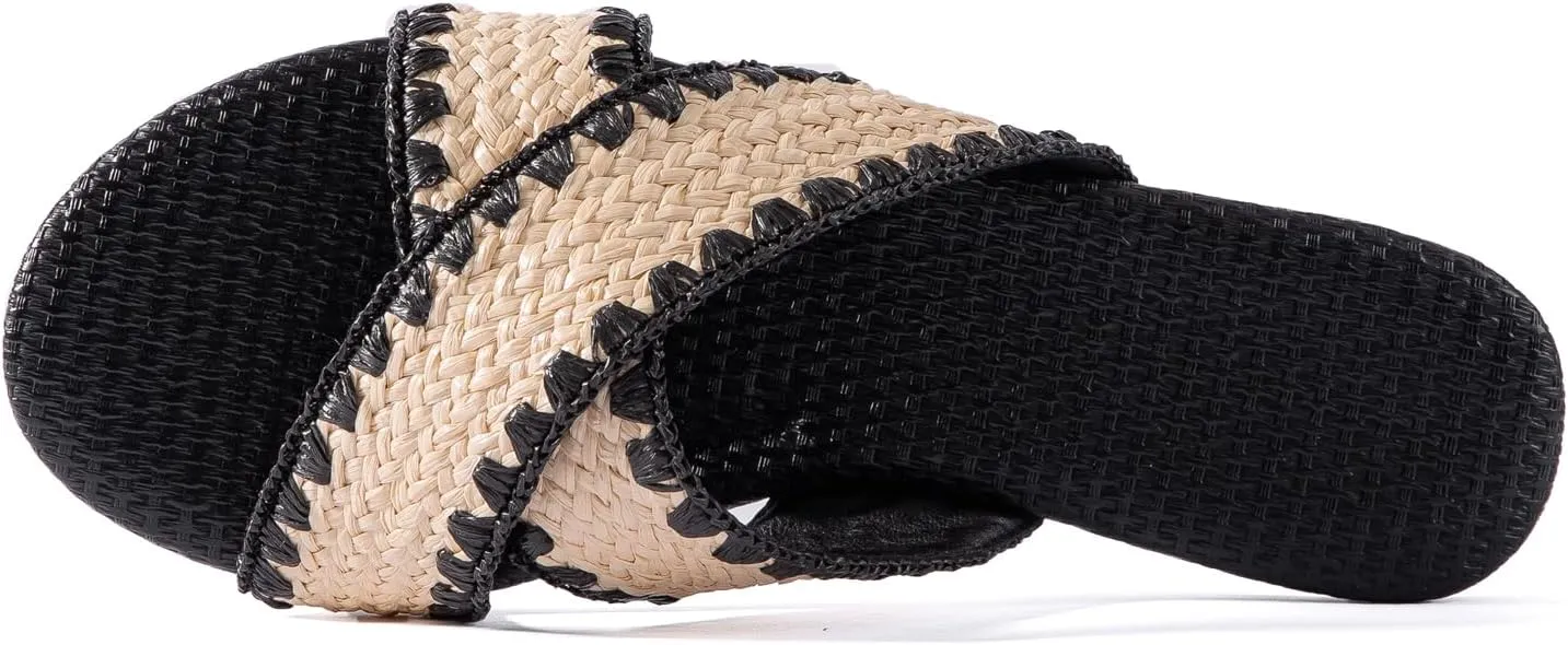 YANWENFANG Women's Flat Sandals Braided Bohemian Strap Dressy Summer Beach Black Brown Comfortable Casual Slip On