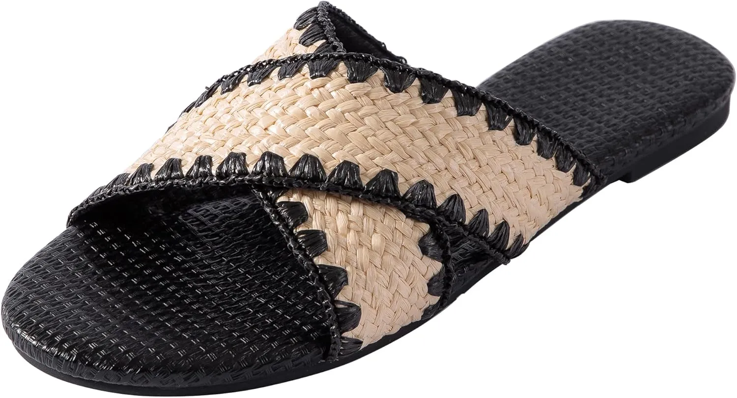 YANWENFANG Women's Flat Sandals Braided Bohemian Strap Dressy Summer Beach Black Brown Comfortable Casual Slip On
