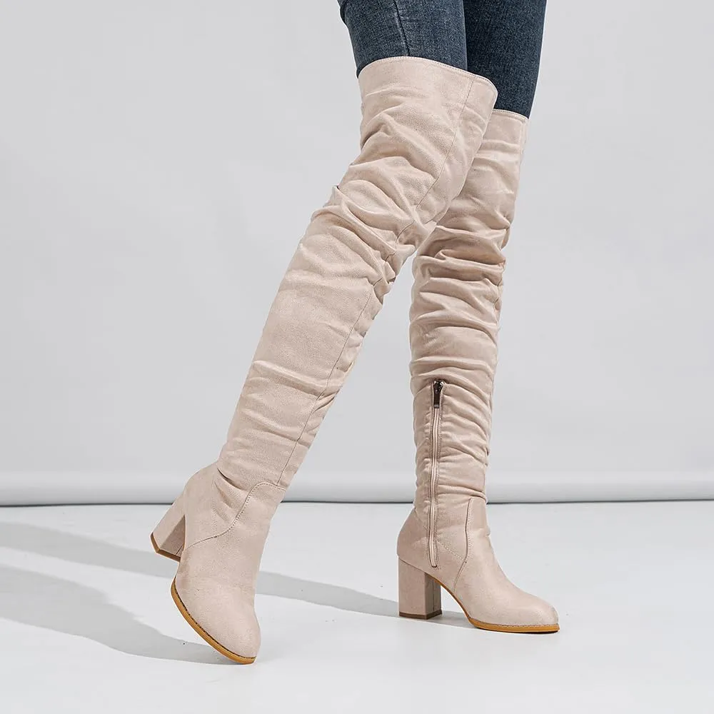 YING LAN Over The Knee High Boots For Women Pull On Side Zipper Chunky Block Heel Thigh High Boots