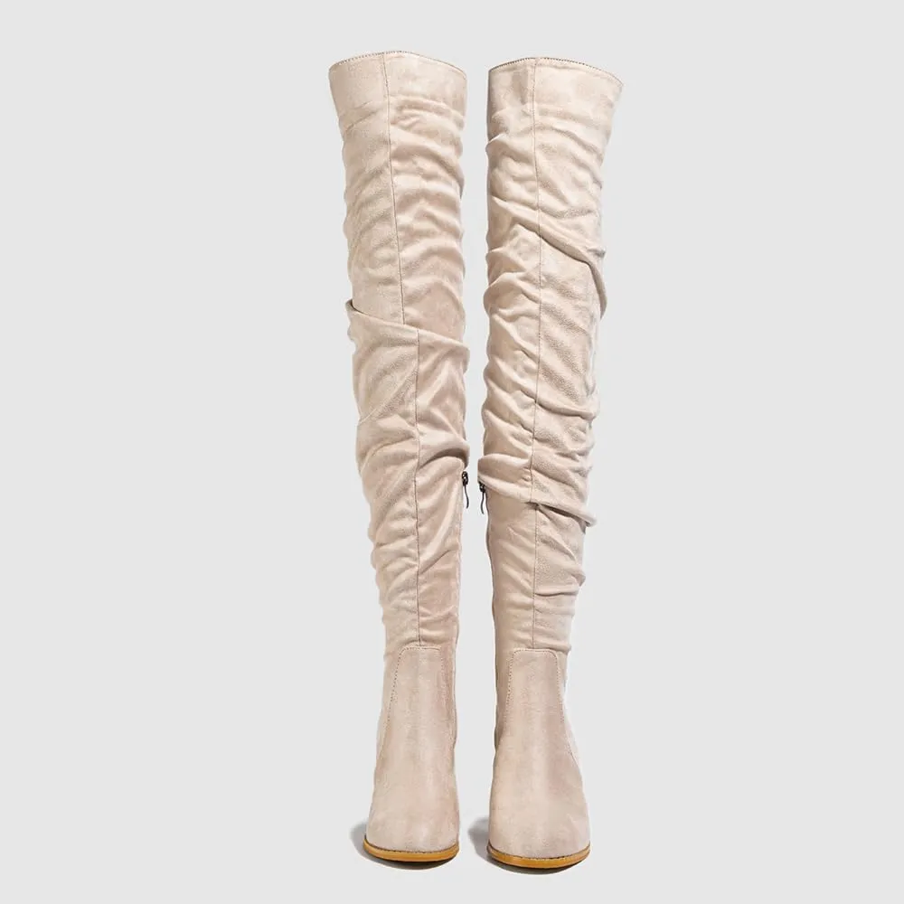 YING LAN Over The Knee High Boots For Women Pull On Side Zipper Chunky Block Heel Thigh High Boots