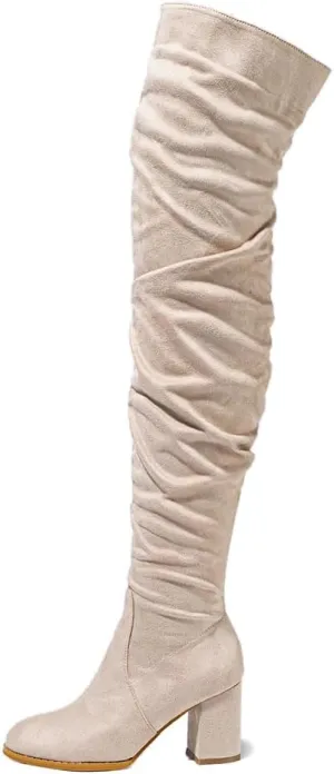 YING LAN Over The Knee High Boots For Women Pull On Side Zipper Chunky Block Heel Thigh High Boots