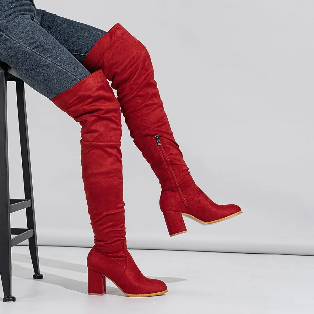 YING LAN Over The Knee High Boots For Women Pull On Side Zipper Chunky Block Heel Thigh High Boots