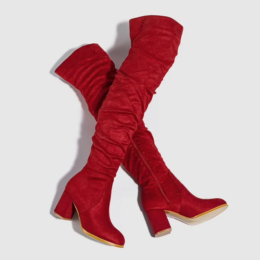 YING LAN Over The Knee High Boots For Women Pull On Side Zipper Chunky Block Heel Thigh High Boots